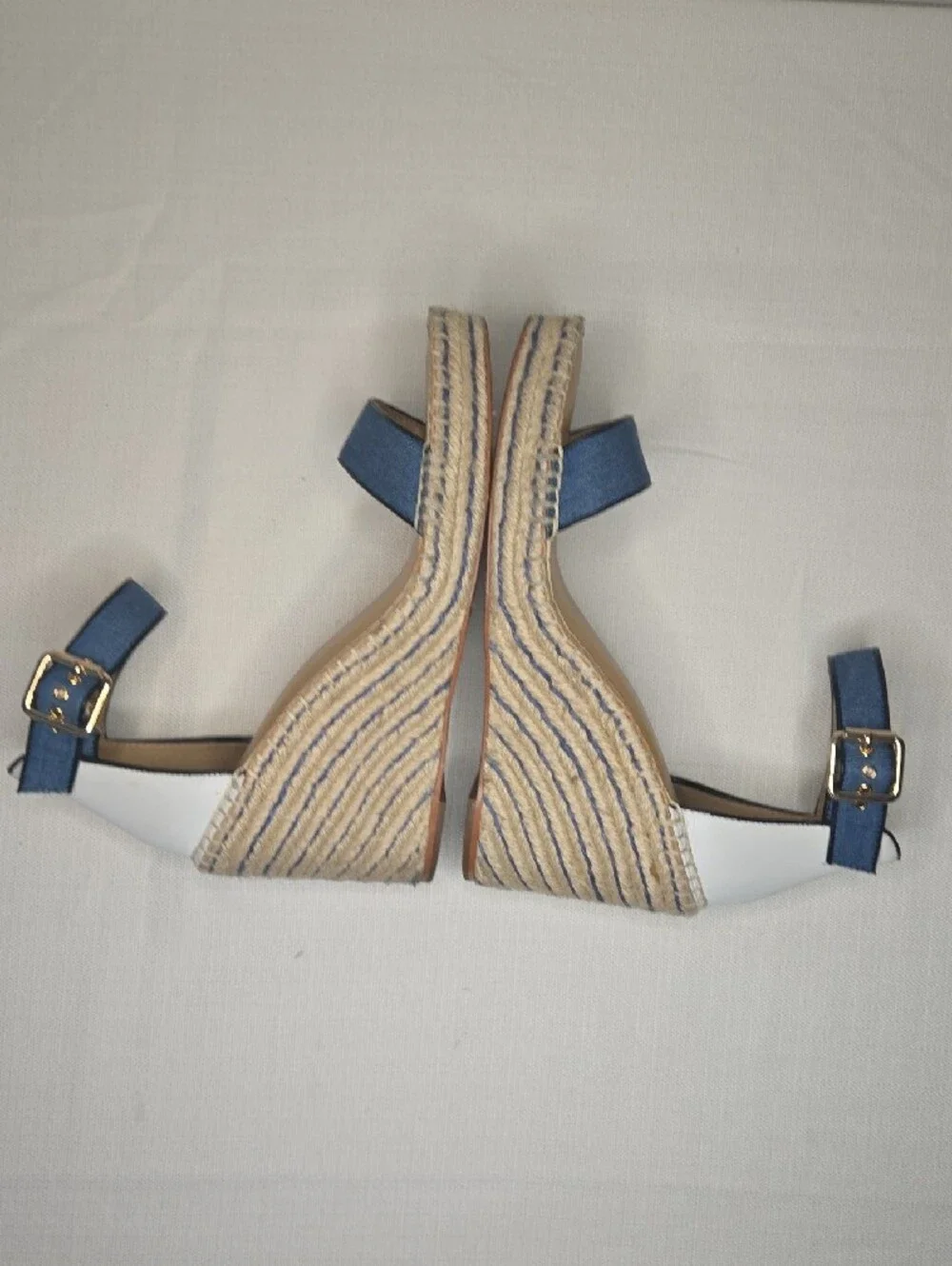 CAbi Blue and White Espadrille Wedge Sandals with Ankle Strap